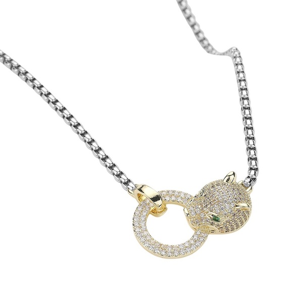 14K GP Pave Leopard Panther Head Necklace - Picture 1 of 4